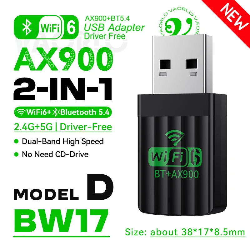 AX900 WIFI6 USB Adapter 2 IN 1 Bluetooth 5.4 Dual Band 2.4G&5G 900Mbps WiFi 6 802.11AX Mini Wireless Card Receiver For WIN 10/11 Oasis Select Model D