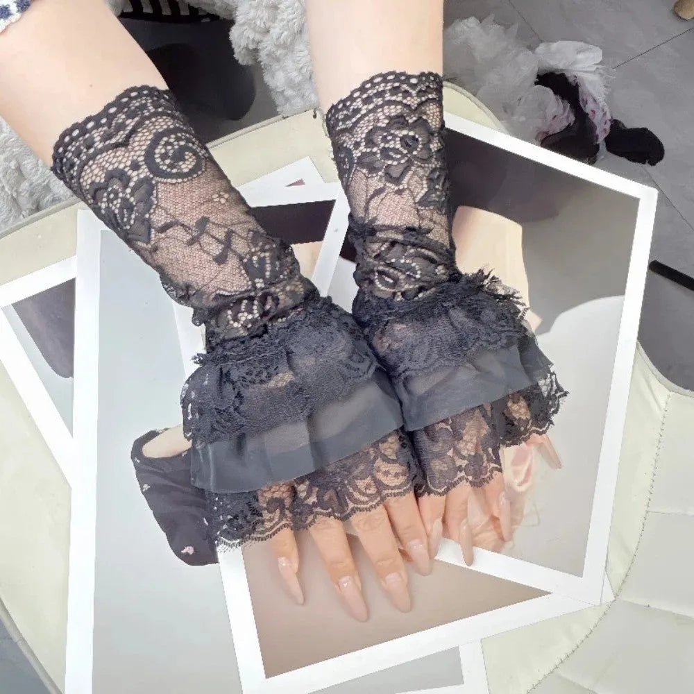 Ruched Pleated Detachable Cuffs 3 Layers Lolita Fake Flared Sleeves Fingerless Gloves Ballet Style Lace Fake Sleeves Cuff Oasis Select Black