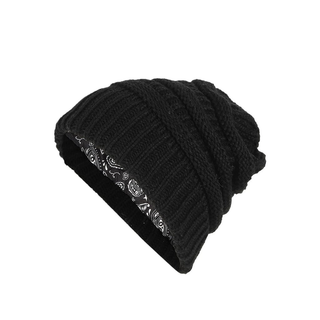 Winter brimless hat with satin lining, twisted flower knit thick skull warm hat, cashew print lining Oasis Select