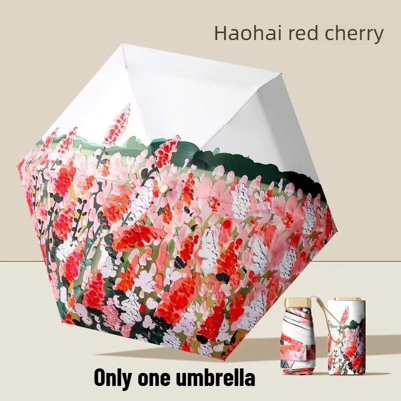 Ultra Slim 5-Fold Oil Painting Umbrella Chinese Style Portable Black Glue UV Protection Sun & Rain Dual Use Manual Parasol Oasis Select Red cherry iron 6K