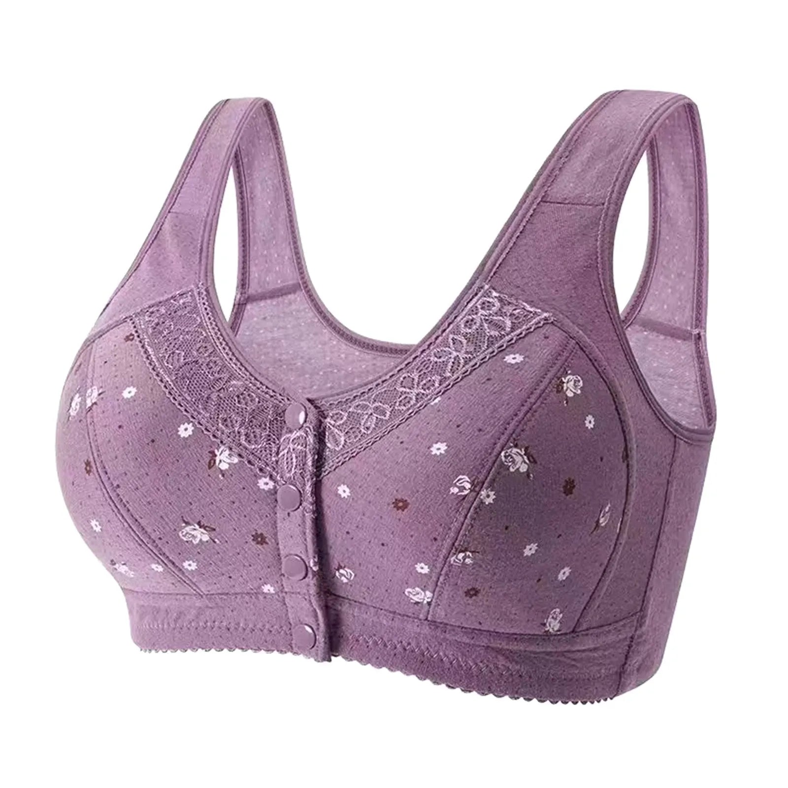 Plus Size Flower Print Wire Free No Pads Nursing Bra Mid-aged Mom Open Front Vest Brassiere Lingerie Cotton Bralette Underwear Oasis Select Purple 48