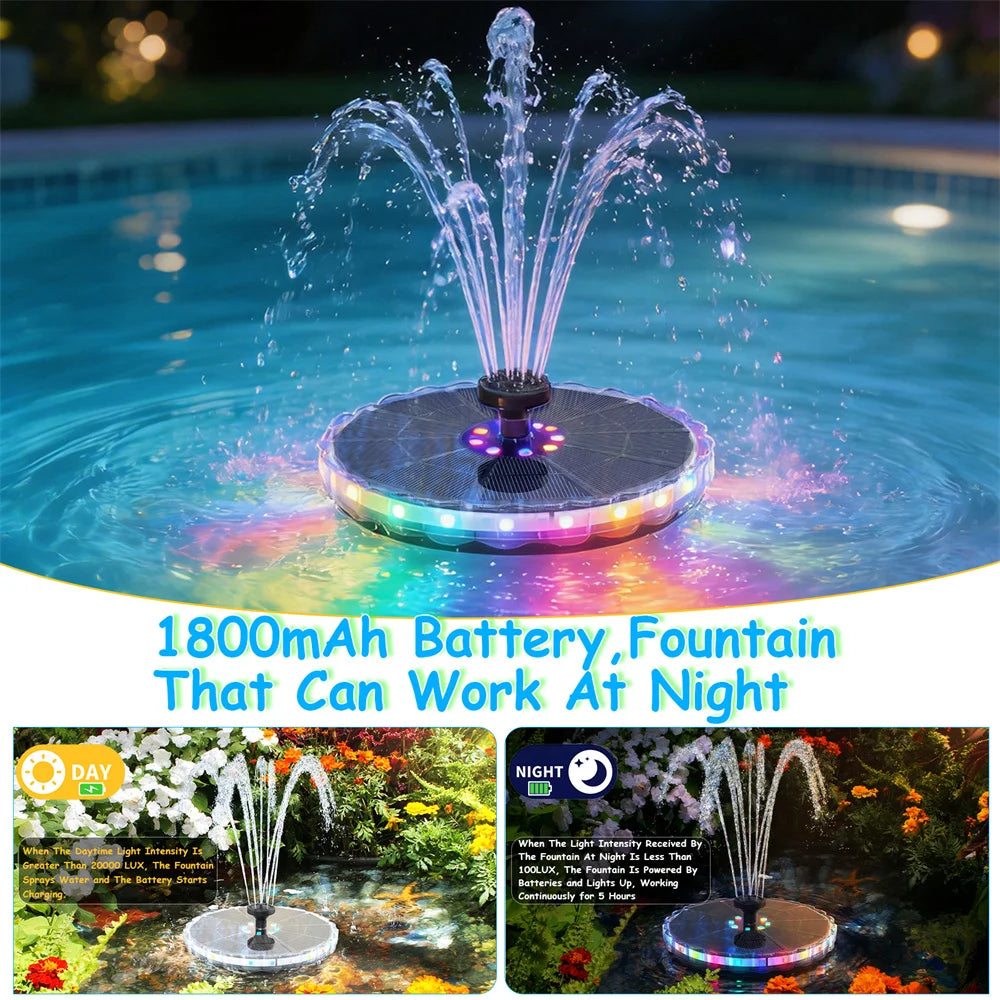 3.5W Solar Fountain 1800mAh Battery Solar Water Pump with Colorful LED Lights&8 Nozzles Suitable for Bird Bath Garden Pond Oasis Select
