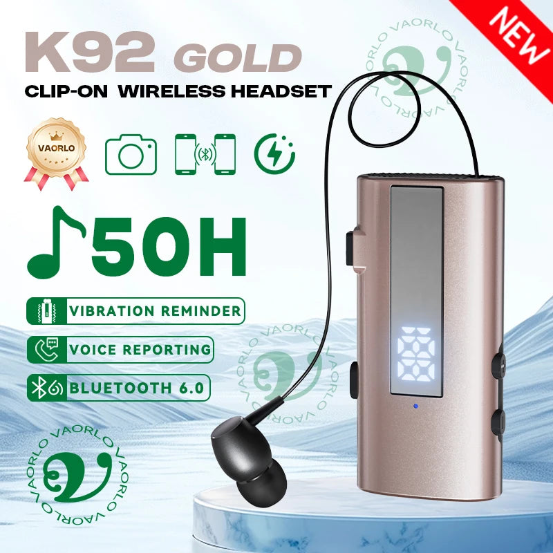 K92 Bluetooth 6.0 Lavalier Business Headset Call 30h/Music 50h Vibration Reminder LED Digital Display With Mic Wireless Earphone Oasis Select Gold