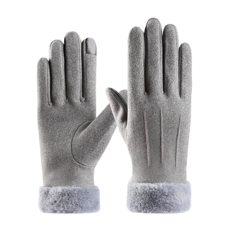 Autumn Winter Warm Suede Gloves Plus Velvet Thickened Plush Decor Cuff Gloves Outdoor Coldproof Touchscreen Riding Ski Gloves Oasis Select Gray