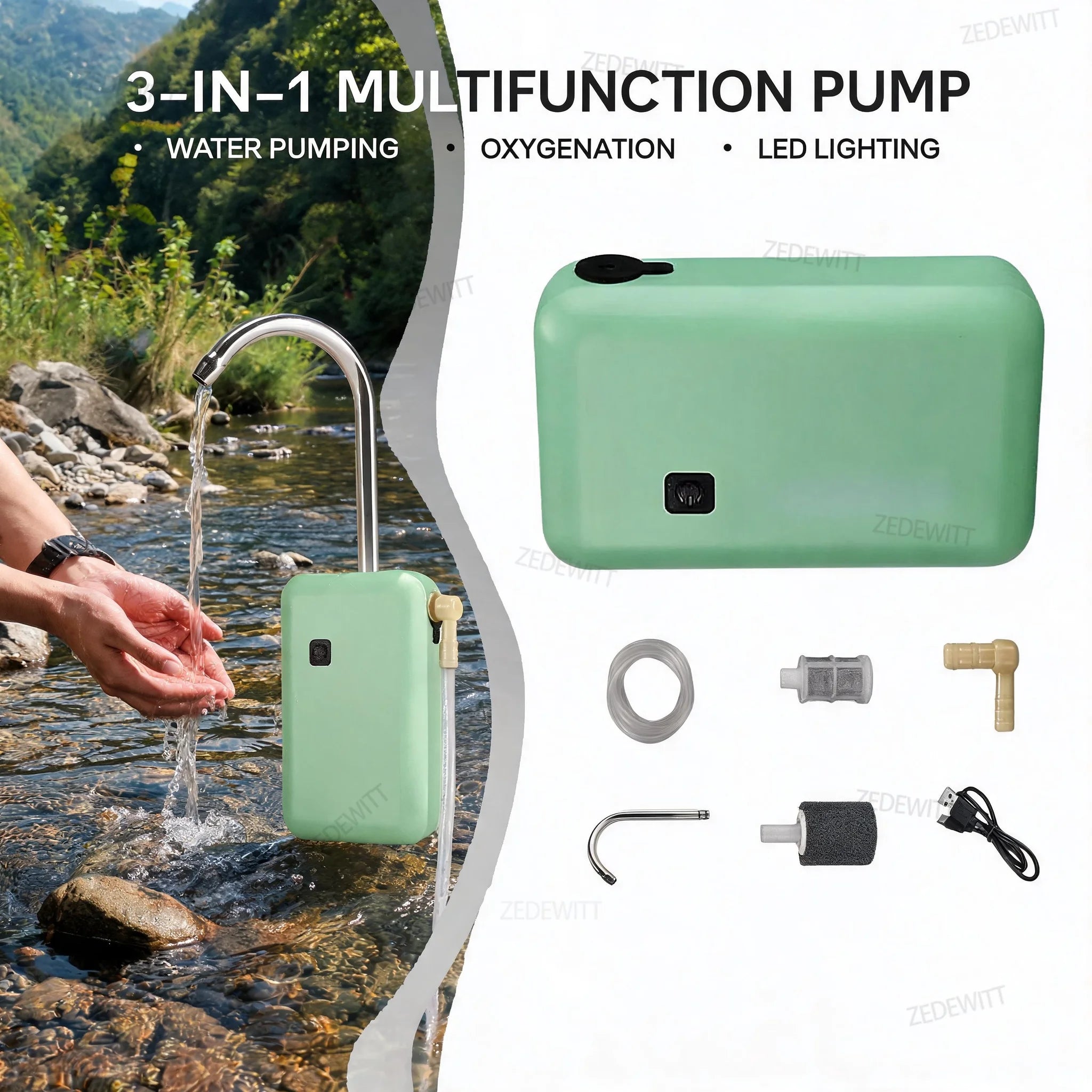 USB Rechargeable Intelligent Electric Oxygenator Portable Oxygen Pump Outdoor Fishing Water Sucker LED Lighting Fishing Gear Set Oasis Select