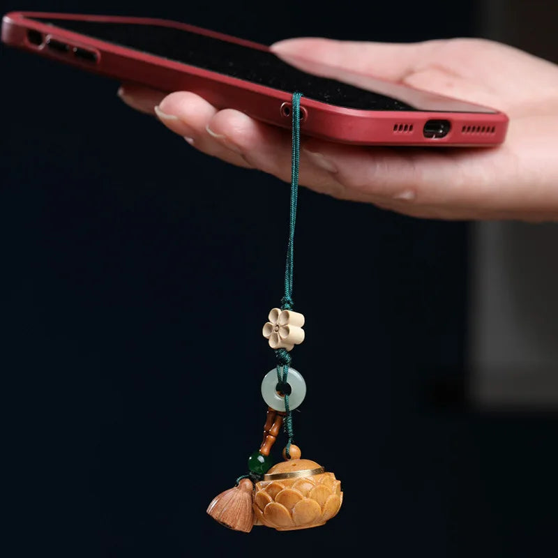 Hand Carved Lotus Green Sandalwood Hanging Charm Luminous Aroma Expander Keychain Cute Bag & Phone Decor Oasis Select