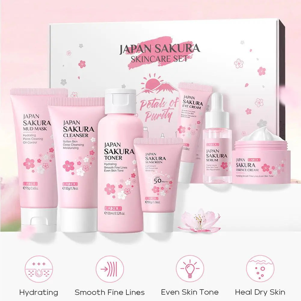 LAIKOU 7PCs Facial Skin Care Set Gentle Skin Cleaning Travel Skincare Set For Girls W/ Cleanser Toner Face Serum Cream Eye Cream Oasis Select
