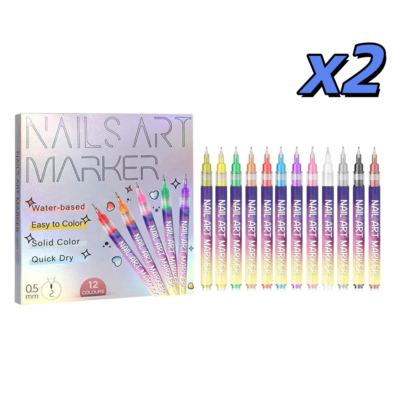 12 Colors Nail Art Marker Pen Set 0.5mm Ultra Fine Water-Based Quick Dry DIY Nail Graffiti Drawing Line Manicure Decoration Tool Oasis Select 12pieces X 2 boxed
