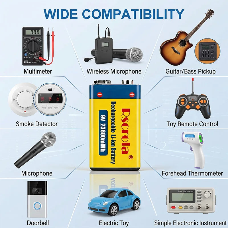 Long-Lasting 9V Lithium ion Rechargeable Battery 23600mWh High Capacity for Guitar Microphone Smoke Detector Pedal with Cable Oasis Select