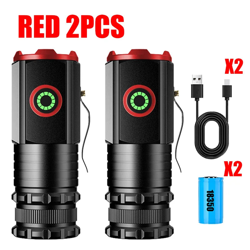 2000LM Powerful LED Flashlight Super Bright Mini EDC Keychain Light USB Rechargeable Torch Camping Lantern with Power Indicator Oasis Select Red 2Pcs