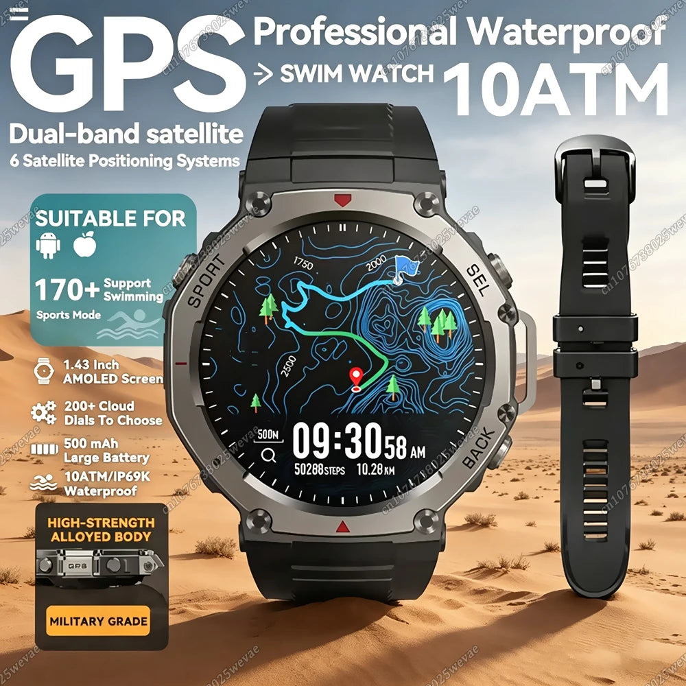 Military GPS Smart Watch AMOLED Compass Altimeter HD Calls