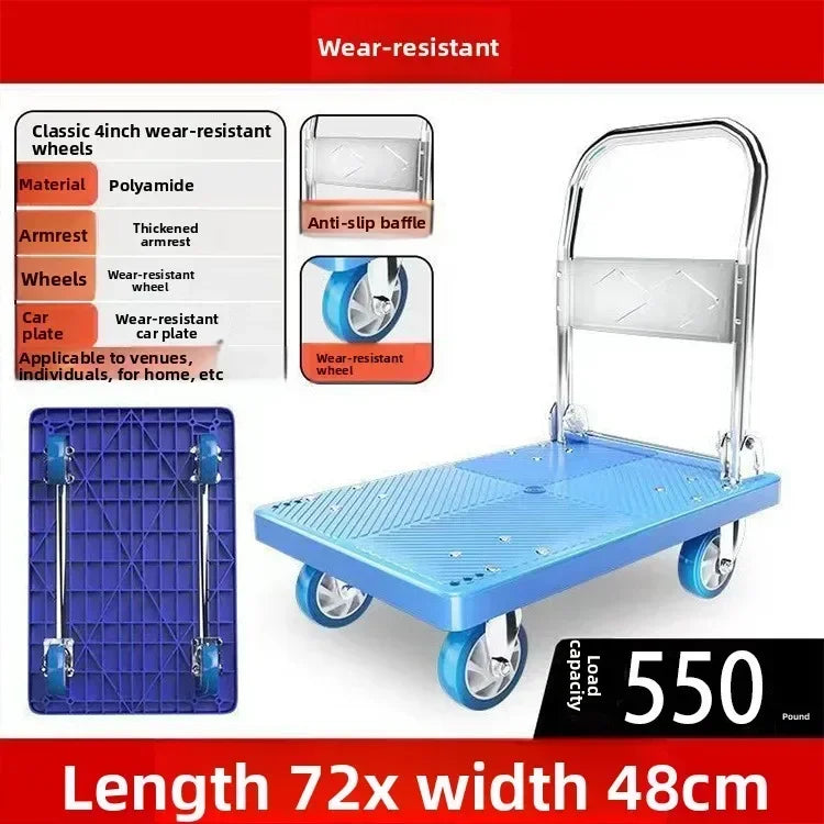 Trolley Folding Pull Goods Small Pull Truck Warehouse Trailer Portable Four Wheel Silent Handling Flat Truck Oasis Select Model 72F
