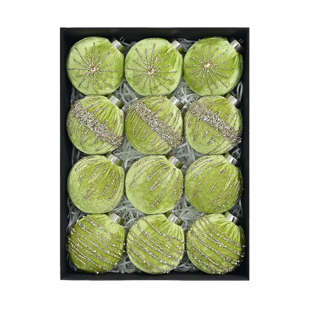 12-pcs 8cm Flocked Velvet Christmas Tree Ornaments Set Fit For Elegant Holiday Decor Christmas Charms Home Decor Xmas Hanging Oasis Select Green China Mainland