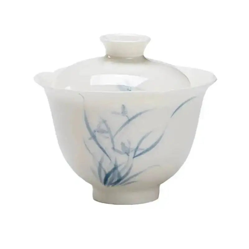 High Foot Flower Mouth Gaiwan Kung Fu Ceramic Hand-painted Blue And White Orchid Tea Bowl Household Oasis Select