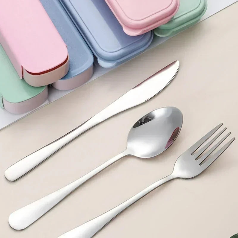 3/4pcs Portable Stainless Steel Cutlery Suit with Storage Box Chopstick Fork Spoon Knife Travel Tableware Set Camping Cutlery Oasis Select