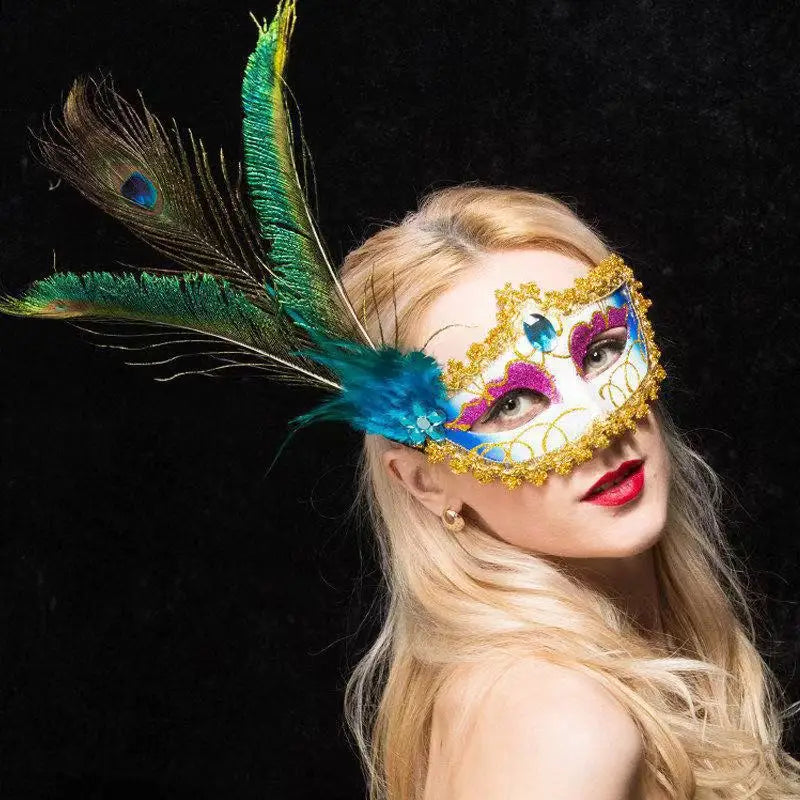 Masquerade Mask Women Peacock Feather Mask Mardi Gras Mask Fashion Blue Green Metal Shiny Rhinestone Halloween Party Oasis Select