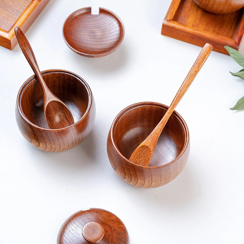 Wooden Seasoning Jar Creative Kitchen Retro Salt Sugar Pot Seasoning Storage Jar With Lid Spoon Wooden Tray Storage Containers Oasis Select
