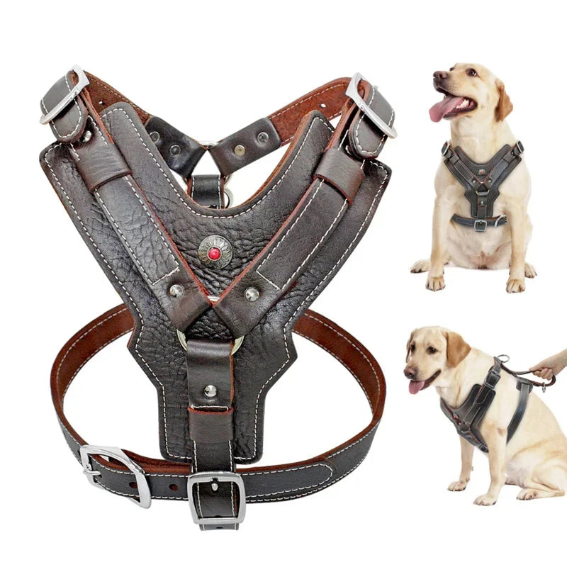 Durable Dog Harness Large Dogs Genuine Leather Harnesses Pet Training Vest With Quick Control Handle For Labrador Pitbull Oasis Select