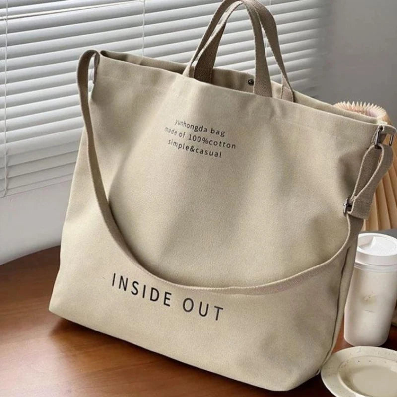 1Pcs Beige Canvas Tote Bag Adjustable Strap Large Capacity Shoulder Bag For School Commute Shopping Travel Oasis Select A