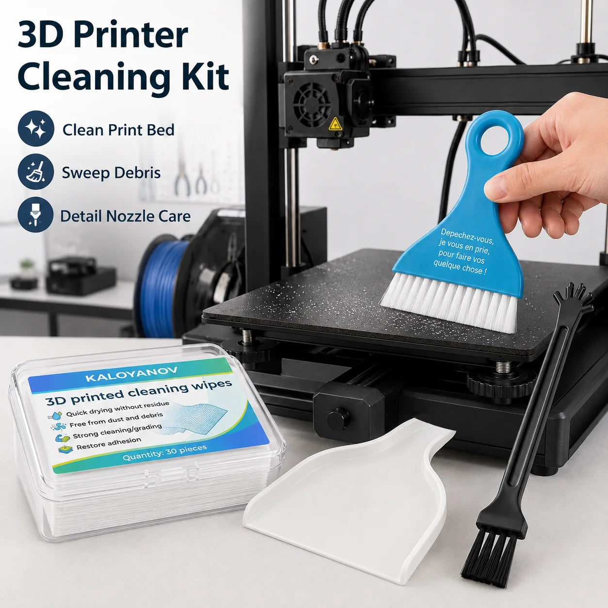 3D Printer Bed Cleaning Wipes 30PCS + Detail Brush & Desktop Brush with Dustpan – Quick-Drying Lint-Free FDM/SLA Surface Cleaner Oasis Select