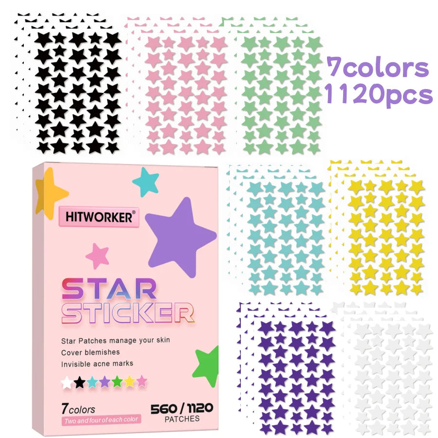 560/1120 HITWORKER acne patches - hydrogel covered, high quality star multicolor suitable for all light skin tones, invisible ac Oasis Select 1120pcs