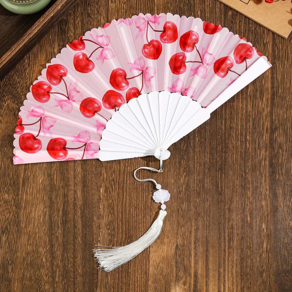 Portable Fruit Pattern Folding Hand Fan Plastic Frame Fabric Fan With Tassel Summer Cooling Fans Dance Performance Home Decor Oasis Select