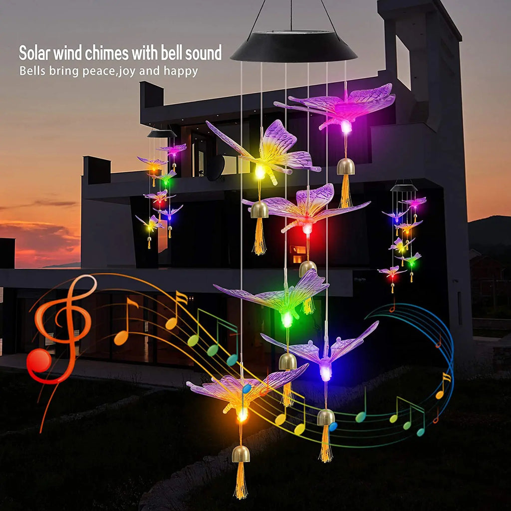 Solar Powered Wind Chime Garden Lights -Outdoor Solar Stake Lights for Yard, Landscape Decoration, Auto on/Off, Waterproof, IP65 Oasis Select Butterflies and bell