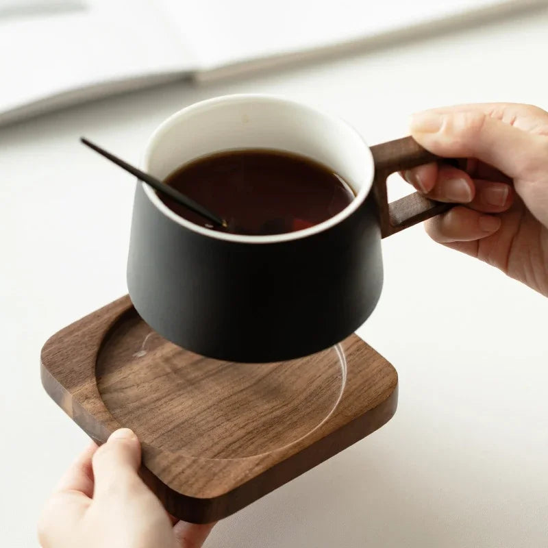 Coffee Cup Solid Wood Coaster Set Ceramic High-grade Exquisite Household Drinking Mug Milk Cup Oasis Select