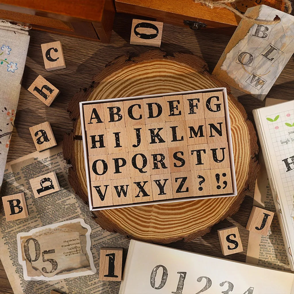Vintage Broken Style Wooden Rubber Stamp Set – Letters & Numbers