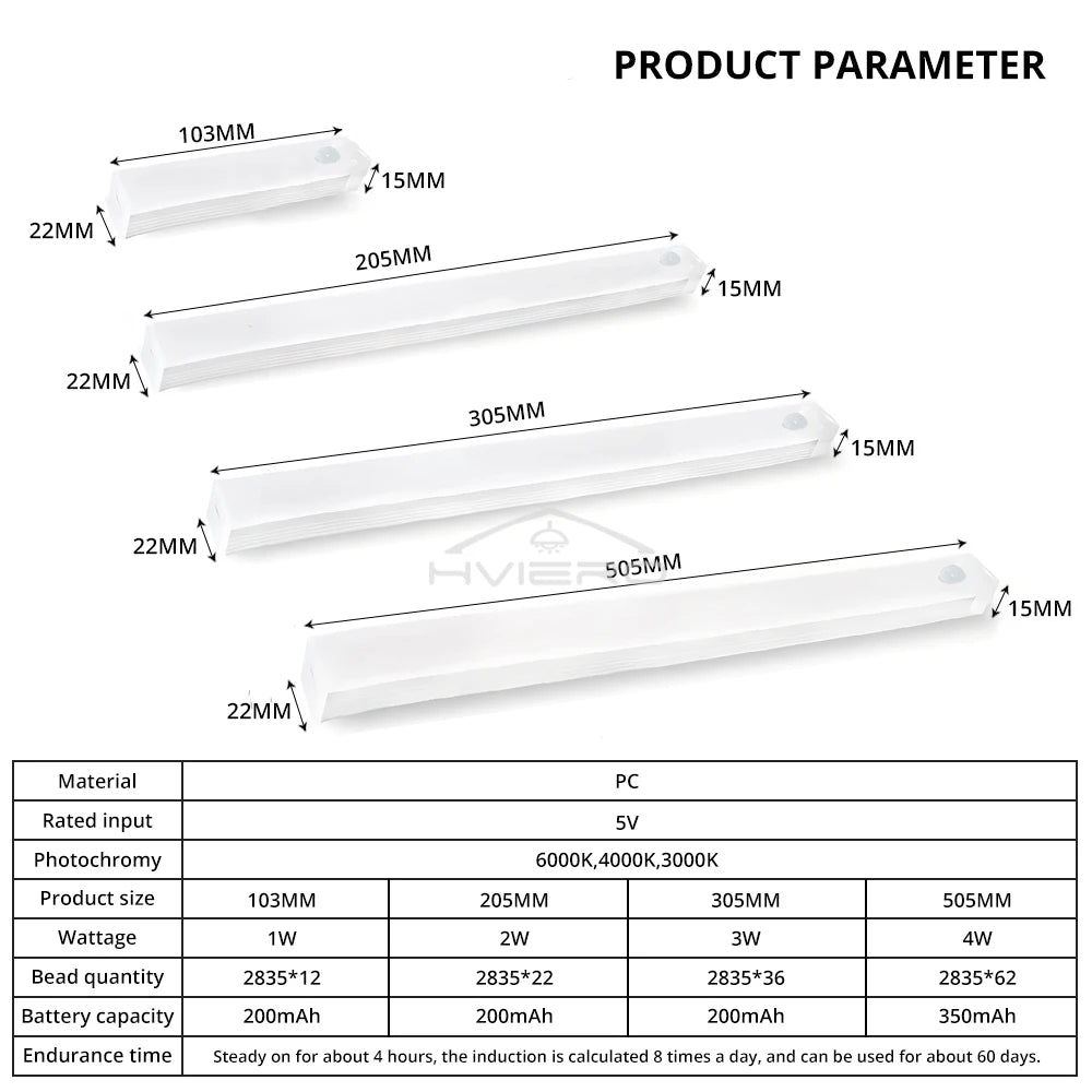 Rechargeable PIR Motion LED Night Light Bar 10–50cm | 3 Colors