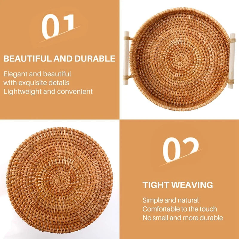 WISH Rattan Storage Tray, Round Basket With Handle, Hand-Woven, Rattan Tray Wicker Basket Bread Fruit Food Breakfast Display L Oasis Select
