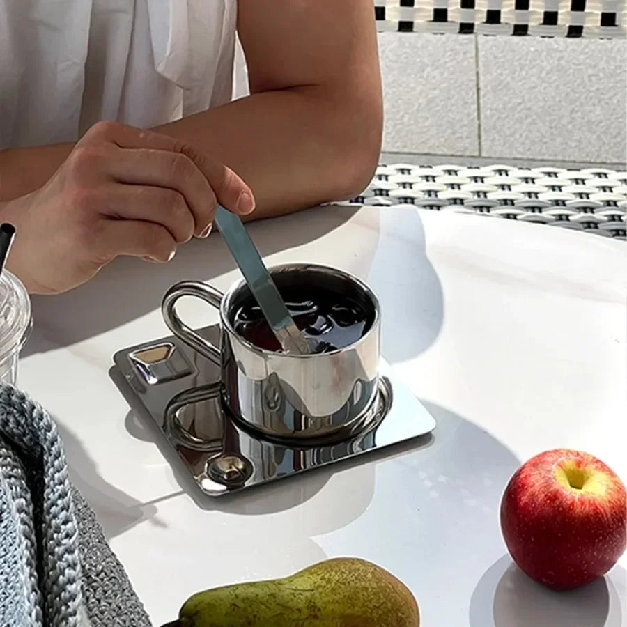 Minimalist Nordic Mug 3pcs Set 304 Stainless Steel Coffee Mug Heat Resistant Milk Cup with Saucer Spoon Placemat Tableware Set Oasis Select
