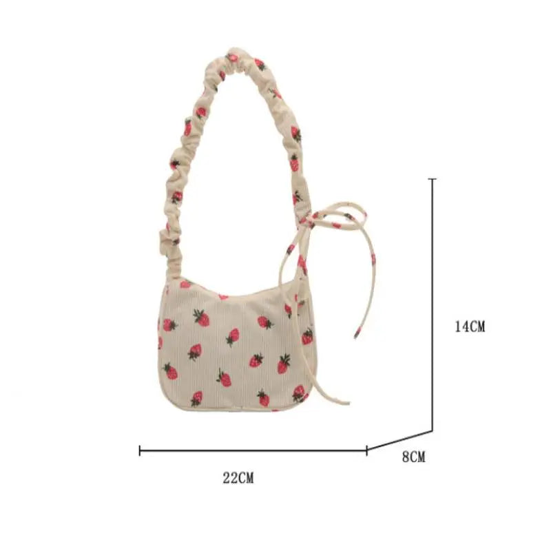 Corduroy Mini Shoulder Bag | Strawberry Print Half Moon Tote