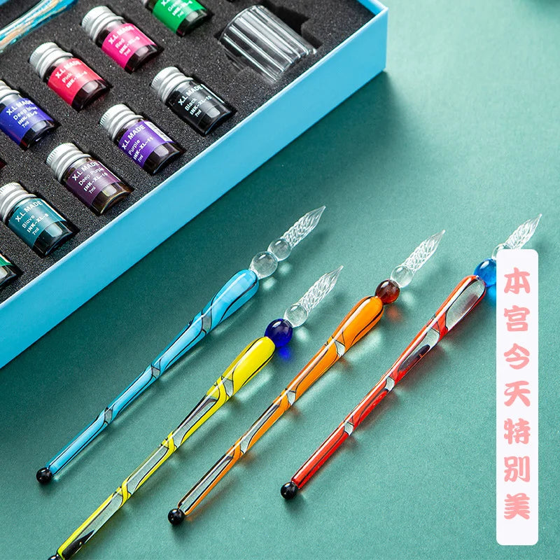 Fantasy glass pen dipped in water, antique style colored ink, crystal signature pen, gift pen dipped in ink set Oasis Select