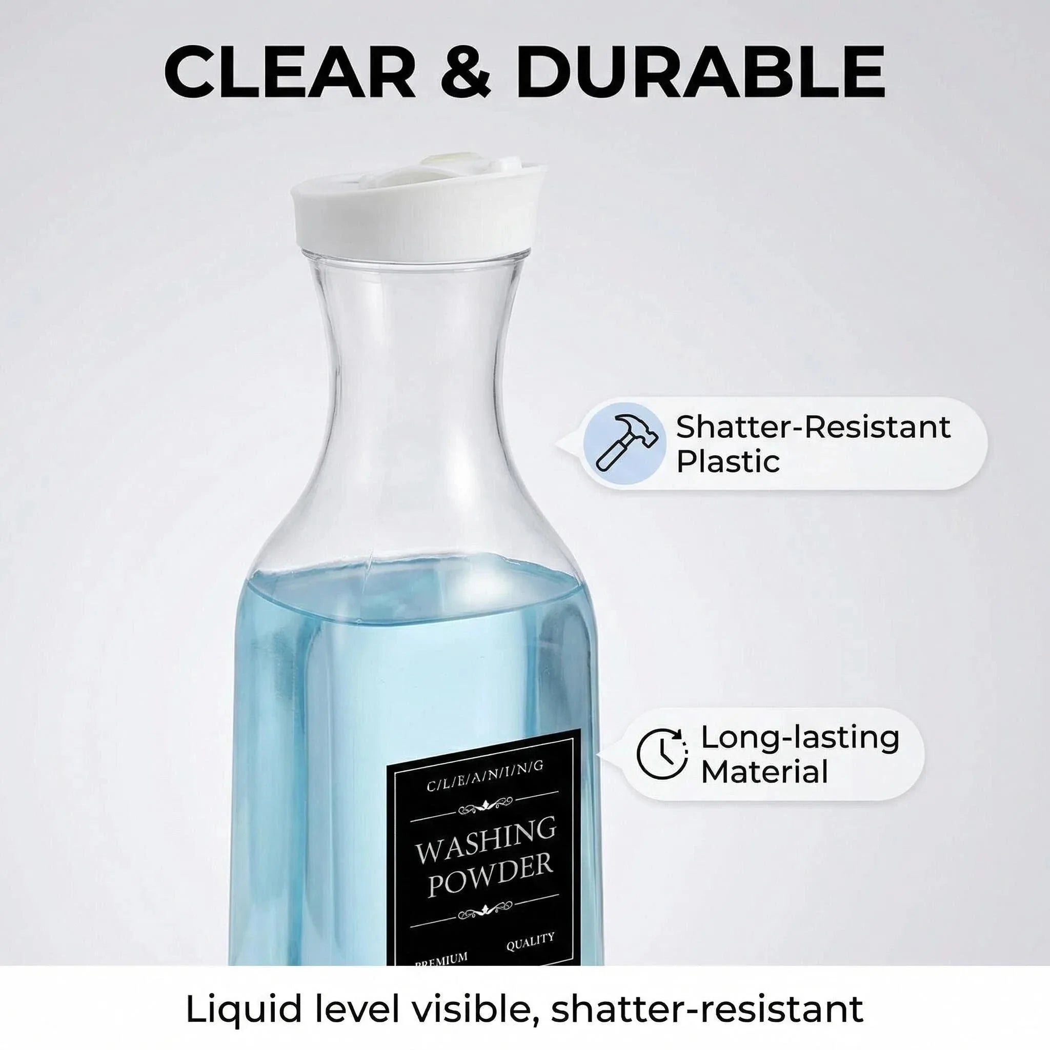Laundry Detergent Dispenser Bottle with Labels Refillable Plastic Liquid Soap Container White Cap Room Organizer Storage Oasis Select