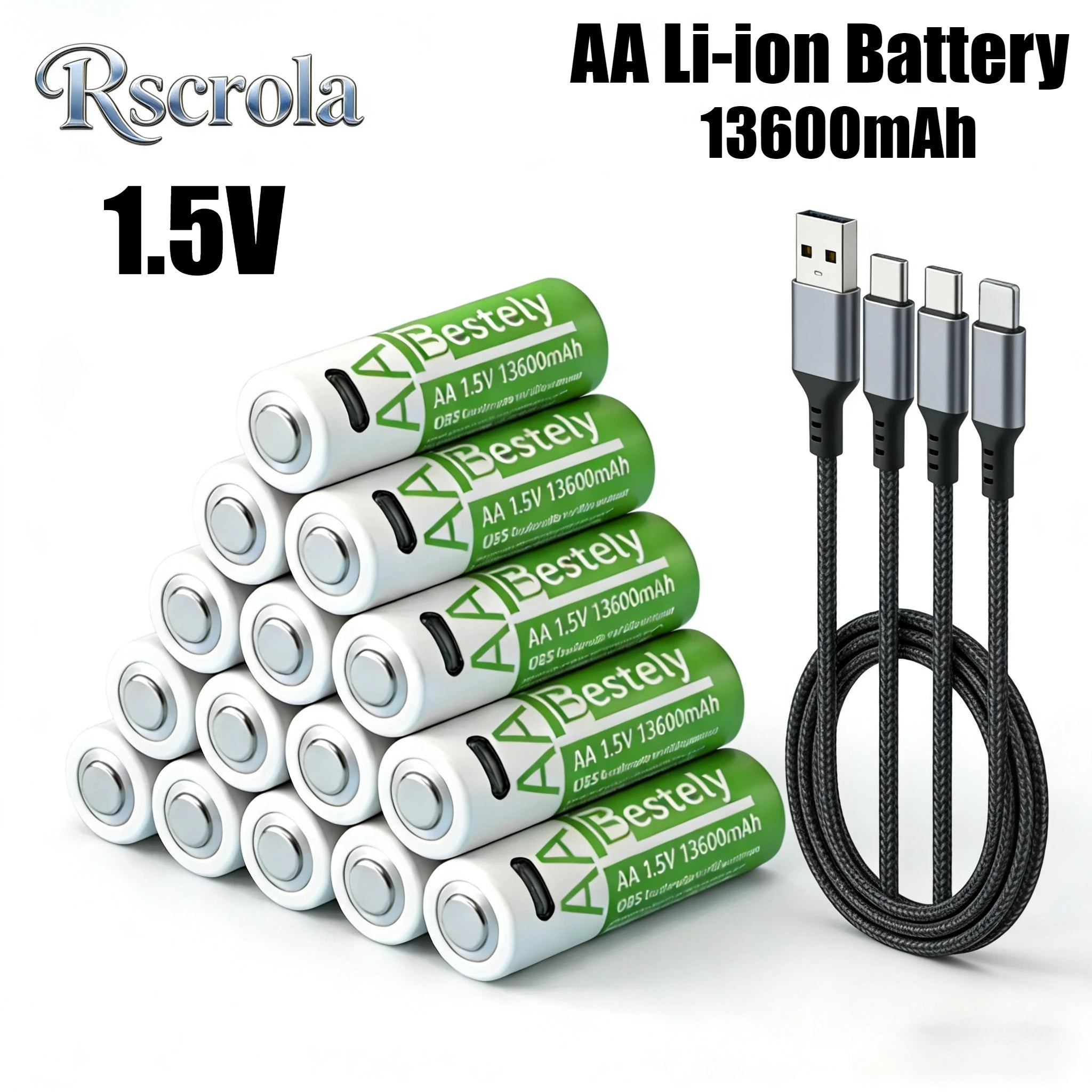 Rscrola 13600mAh AA Rechargeable Batteries USB-C Charging
