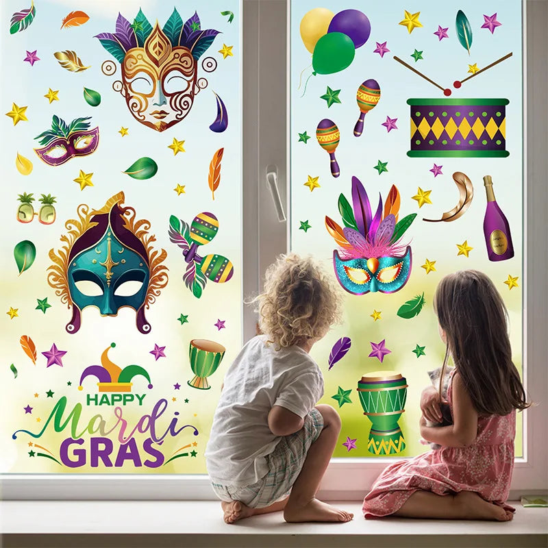 Reusable Mardi Gras Window Stickers Masquerade Mask Feather Pattern Glass Door Decor Festival Party Supplies Carnival Decoration Oasis Select