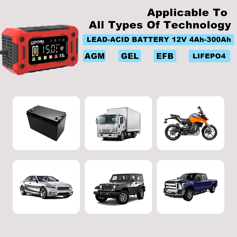 12V 15A Battery Charger Smart Charging For Lifepo4 Lead Acid AGM GEL Lithium Iron Phosphate Batteries With LED Display Car Moto Oasis Select
