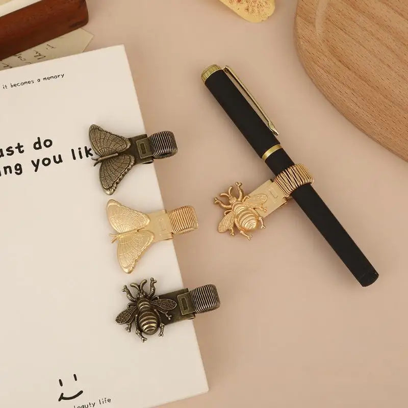 Retro Insect Pattern Metal Pen Clip 1pc Spring Loaded Holder Anti-slip Stationery for School Students Notebook Journal Oasis Select