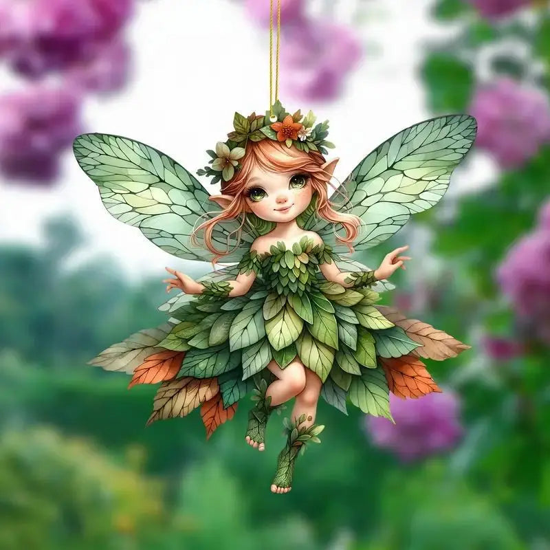 1pcs 2D Acrylic Green Elf Pendant Flower Fairy Charms Small Fresh Car Pendant Cartoon Cute Elf Car Rearview Mirror Decoration Oasis Select