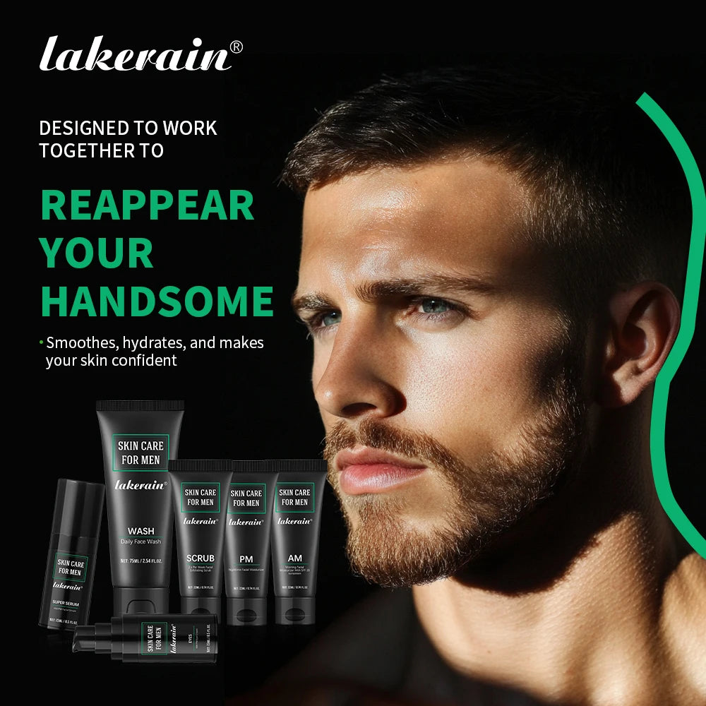 Lakerain Skin Care for Men Kit Oil Control Skin Firming Increase Hydrate Deep Cleaning Face 7 PCS Per Set Travel Skin Care Kit Oasis Select
