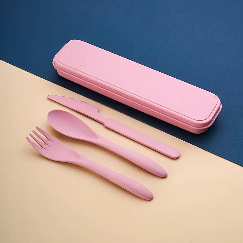 3pcs Outdoor Travel Knife, Fork, and Spoon Cutlery Set with Storage Box, Reusable Lightweight Utensils for Travel, Work, School Oasis Select Pink