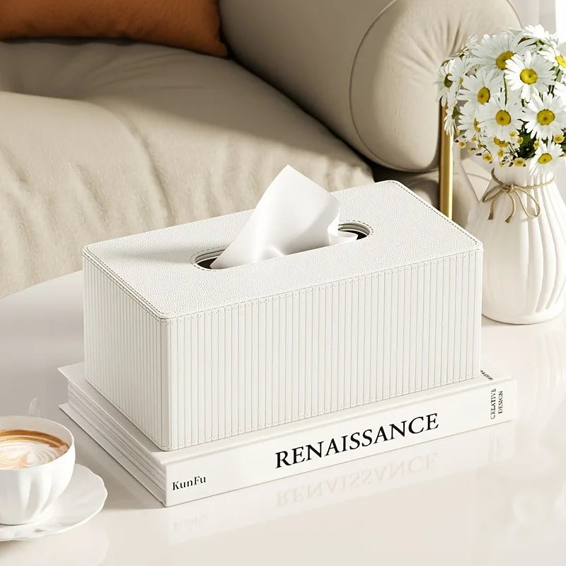1pc Luxury Leather Tissue Box Holder, Striped Design 3 Colors, Square Tissue Box Cover for Home Office Bathroom Oasis Select WHITE