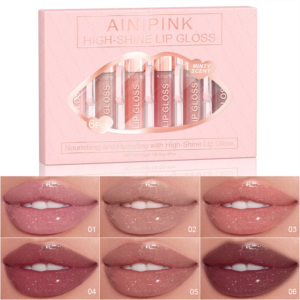 Glitter Lip Gloss Lipstick, Lip Tint Moisturizing Hydrating Long Lasting Non-Stick Cup Waterproof Nude Lip Plumper High Pigment Oasis Select 6 PCS