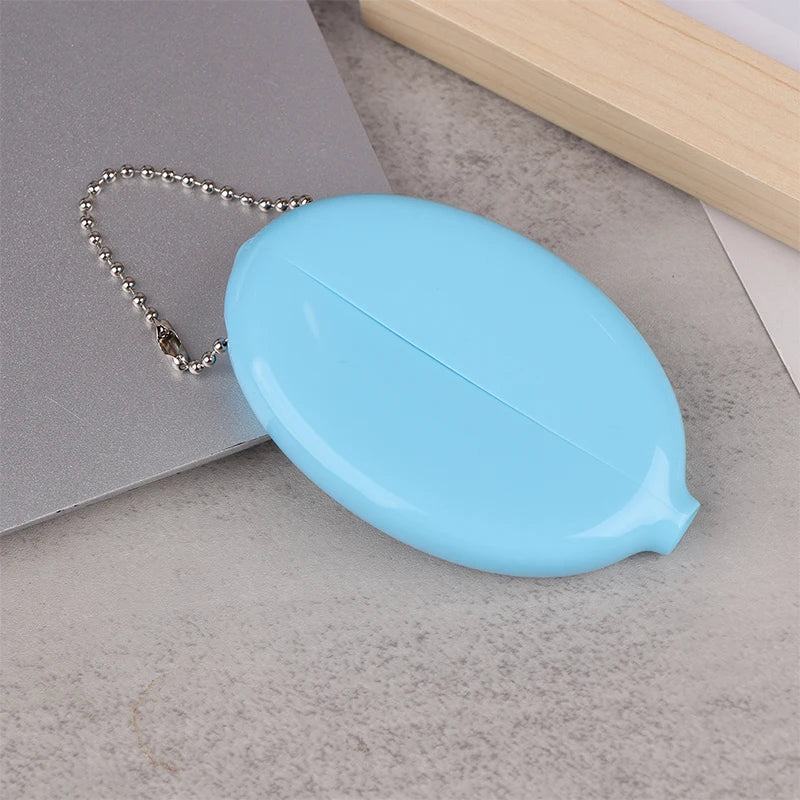 Small Oval Coin Purse Mini Earrings Rings Storage Box With Chain Solid Color PVC Fashion Portable Bag Pendant Oasis Select Sky blue
