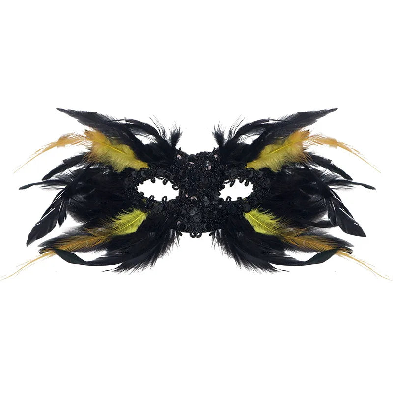 Gothic Halloween Feather Half-face Mask Performance Ball Eye Mask Sequins Oasis Select Black and yellow