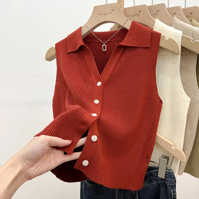 Lapel Ice Silk Slim Fit Vest for Women Summer Early Fall Thin Knit Tank Top Sleeveless Short Sleeve Casual Layering Outwear Oasis Select One Size Red