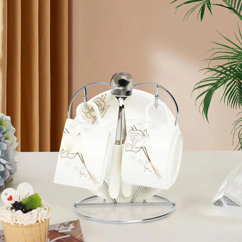 Coffee Mug Holder Metal Mug Rack Cup and Saucer Display Stand Silver Holds for Kitchen Dining Table Space-Saving Organizer Oasis Select