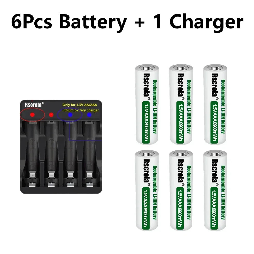 1.5V AAA8900mWh rechargeable battery New AAA lithium battery long life for Mouse Flashlight Fan Game Machine electric toy Oasis Select 6P AAA and 1Charger 1.5V