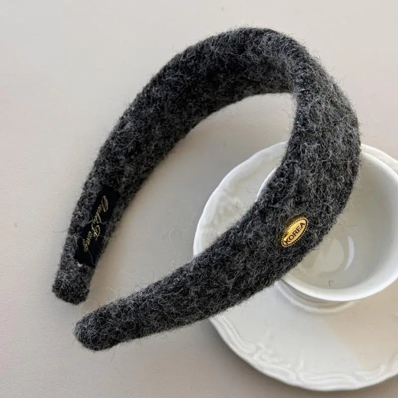 Korean Fuzzy Headband – Soft Plush Hairband with Gold Logo